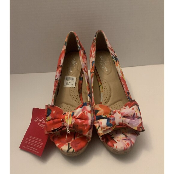 Dexflex Comfort Womens 8.5 Floral Wedge Bowtie Heels Colorful Peep Toe Shoes NEW - Picture 1 of 9